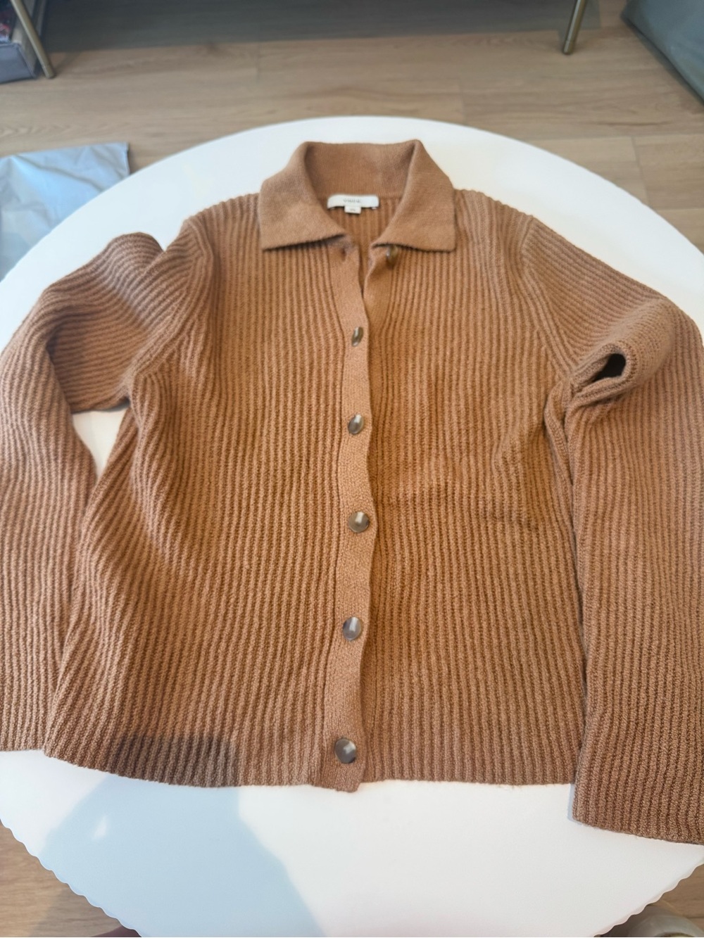 Vince Ribbed Button-Front Cardigan in Camel Brown